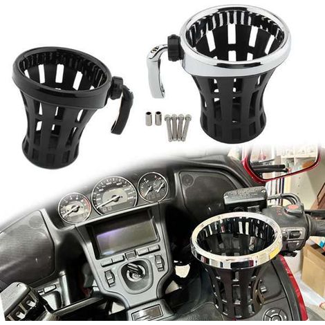 Universal cup holder/bottle/drink holder assembly for Harley-Davidson and Honda motorcycles, large size. (1/4)
