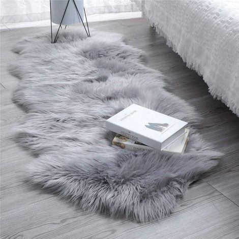 1 Tapis imitation peau de mouton, doux et épais, polyester antidérapant, pour canapé, fauteuil, chambre, gris 60x160cm (1/5)