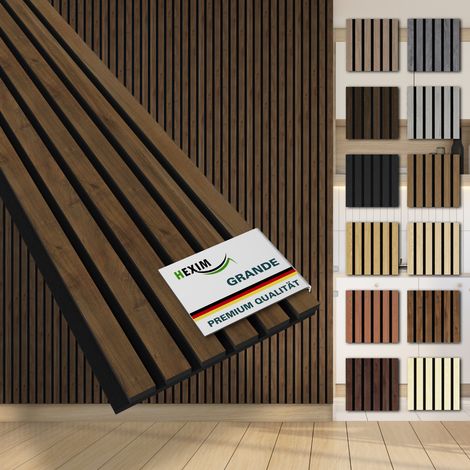 HEXIM Akustikpaneele 280x30cm Wandpaneele Grande Lamellen MDF Holz 0,85m² XXL Echtholzfurnier Wand 21mm Filz (1 Musterstück, Light Walnut)
