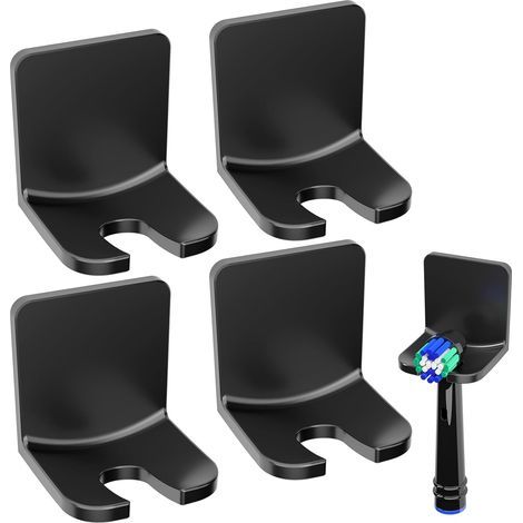 Ensemble de quatre supports noirs pour brosses à dents électriques, support de rangement pour têtes de brosses à dents spécialement conçu pour la salle de bain. (1/5)