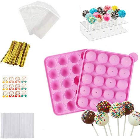 Un lot de 20 moules à gâteaux en silicone, comprenant 100 sachets à bonbons et des rubans dorés, idéal pour confectionner des sucettes, des bonbons durs, du pop-corn et des chocolats (1/5)