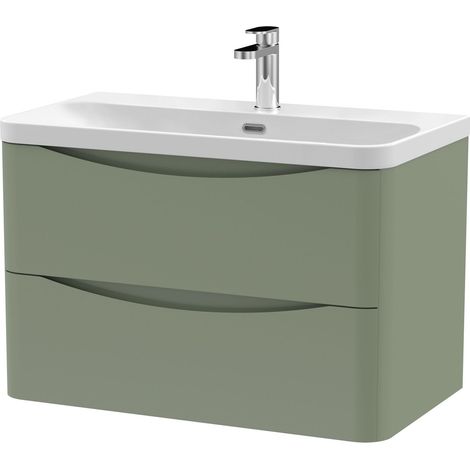 Balterley Dunwood Modern Bathroom Wall Hung 2 Drawer Vanity Unit & Ceramic Basin, Satin Green, 800mm