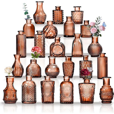 Lot de Petits vases en Verre Transparent avec couvercles pour décoration de Table, Mariage, réception, Maison, Bouteilles Vintage (Ambre, 24) (1/5)