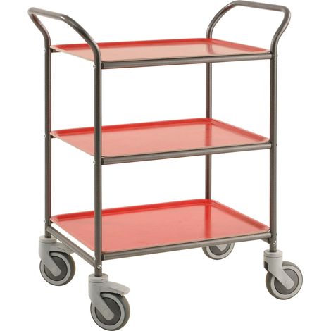Kongamek Tablettwagen 770x495x960mm Anthrazit grau pulverbeschichtet mit Bremse und 3 Tabletts in rot (1/3)
