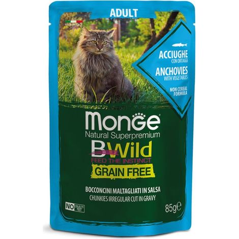 Monge Cat Bwild Grain Free Adult Bocconcini Acciughe  - Monge Cat Bwild Grain Free Adult Bocconcini Acciughe - Bustina Da 85 Gr (1/2)