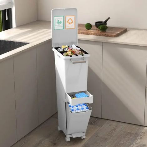 Poubelle de cuisine 3 en 1 grise avec tri sélectif et tiroir, bac basculant à pédale et 4 roues pour cuisine et salle à manger (1/5)
