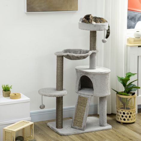 Albero per gatti Pawhut con cuccia, lettino, amaca e giocattoli, 60 cm x 40 cm x 113 cm, grigio chiaro