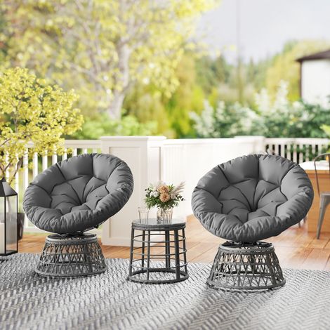 Ensemble Salon de Jardin 3 Pièces - 2 Fauteuils Papasan Pivotants + 1 Table Basse Ronde, Résine Tressée
