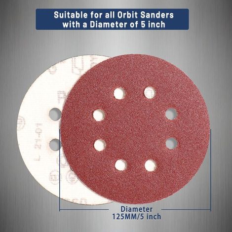 105 dischi abrasivi da 125 mm, dischi abrasivi a 8 fori, ideali per levigatura/lucidatura con levigatrici roto-orbitali (grana 40/60/80/150/240/320/600) (1/4)