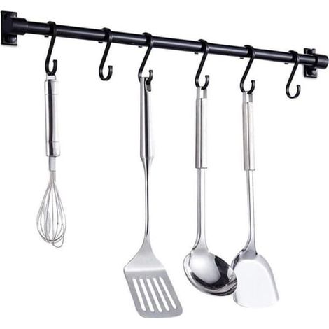 SABIR-(Noir) Étagère murale pour ustensiles de cuisine, barre de 40 cm avec 6 crochets amovibles, support mural (Noir) (1/4)