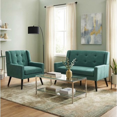 Set di 2 poltrone verde rétro imbottite in tessuto con gambe in legno massello e lavorazione capitonné (1/5)