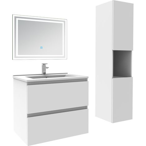 Ensemble meuble de salle de bain 60cm, vasque céramique + colonne haut + LED miroir rectangulaire, blanc