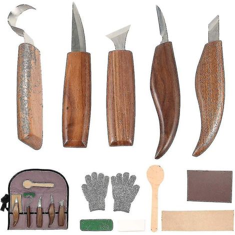 Ensemble de 12 outils de sculpture sur bois comprenant un couteau à crochet, un couteau à sculpter, un couteau biseauté et un couteau cuillère. Idéal pour les menuisiers débutants, les enfants et les (1/5)