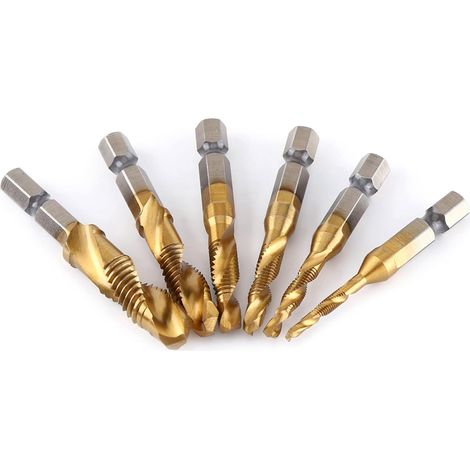 Juego de 6 brocas HSS de 1/4" para roscar y escariar, con vástago hexagonal de rosca métrica y juego de tornillos espirales con revestimiento de titanio para M3-M10. (1/5)