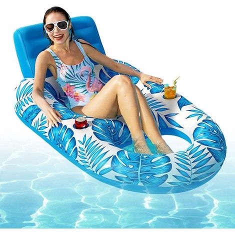 Tumbona flotante inflable - Relájate en el agua - Con portavasos - 160x120cm - Hoja de arce azul (1/5)