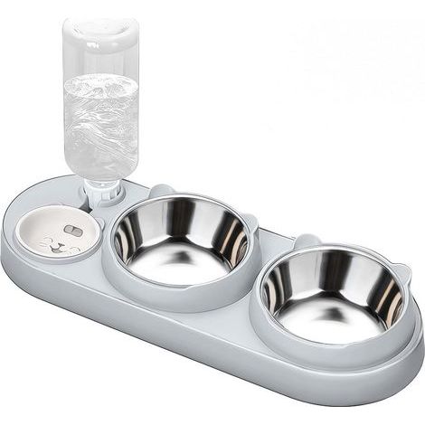 3-in-1 Katzenfutterautomat, Futter- und Wassernapf für Katzen mit Wasserspender und Edelstahlnäpfen, 15° geneigt, drei erhöhte Näpfe für Wohnungskatzen und Hunde