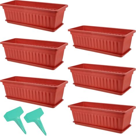 Pack of 6 43cm Rectangle Plastic Window Sill Planters Vegetable Growing Containers with Trays and 30 Plant Labels Terracotta (1/5)