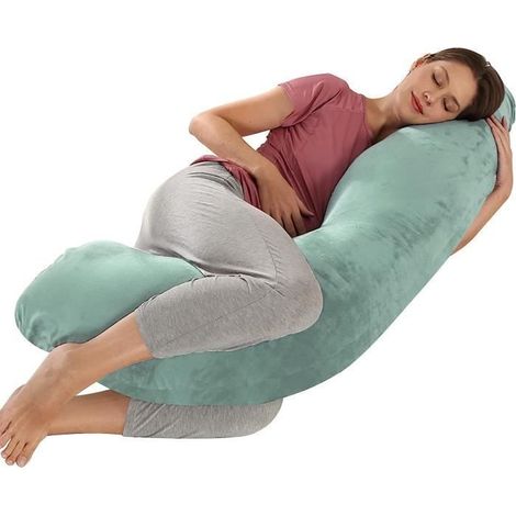 Coussin de grossesse en J pour allaitement et support femme enceinte - housse en velours remplaçable et lavable (1/4)
