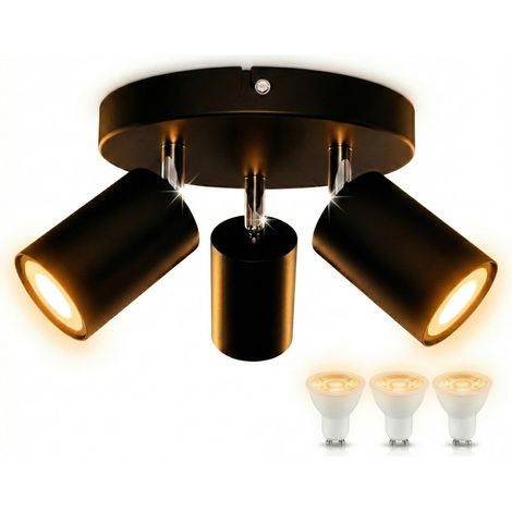 Plafonnier 3 Spots Rond Noir, 3 Ampoules GU10 LED 3000K Blanc Chaud. Luminaire Plafond Orientable Métal, Kit Salon, Chambre (1/5)
