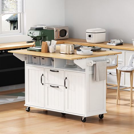 Îlot de cuisine 120x40-60-80x92 cm blanc et naturel en MDF avec plateau rabattable, roulettes et rangements (1/5)