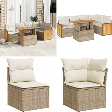 vidaXL Salon de jardin 6 pcs avec coussins beige résine tressée acacia (1/5)