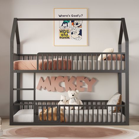 Lit superposé enfant 90x200 cm, structure en métal noir, lit double familial avec escalier, design mezzanine, lit du bas équipé d’une petite porte ouvrante (1/4)