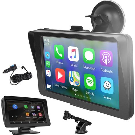 Pantalla portátil inalámbrica CarPlay Android Auto, AirPlay/Mirror Link inalámbrico Bluetooth Radio para coche manos libres Pantalla táctil de 7 pulgadas Receptor de radio FM para coche Monitor Compat (1/5)