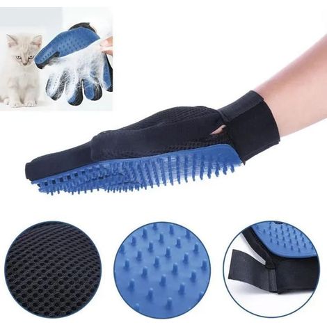 Gants de toilettage pour chiens et chats : éliminent en douceur et efficacement les poils morts. Version bleue. (1/2)