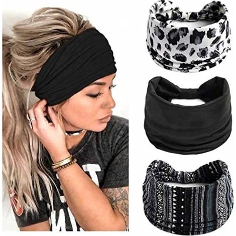 Bandeau Tête de Yoga Wraps Sport,Bandeau Cheveux Femme,Lot de 3 bandeaux larges élastiques à fleurs noires pour femmes et filles (1/4)