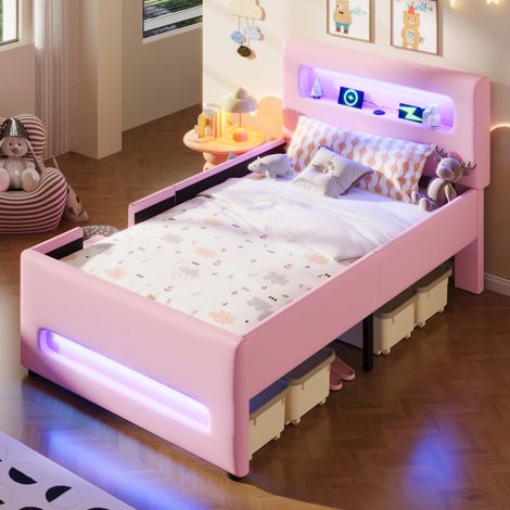 Letto a piattaforma rosa in similpelle con cassetto, illuminazione a LED, porta USB e base a doghe, dimensioni 90x200 cm. (1/5)
