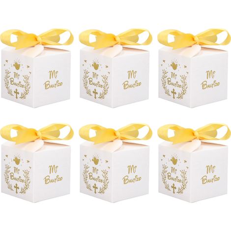 50 Stück Gastgeschenkboxen aus Papier mit Mi Bautizo-Muster, verziert mit goldenem Band, weiße Hochzeitsgeschenkboxen für Partys (1/5)