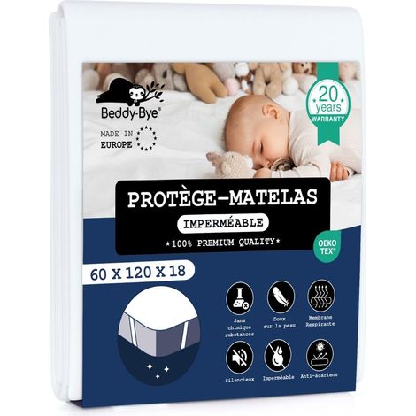 Protege Matelas 60x120 Lit Bebe Impermeable Lot de 2 Respirant Infroissable Certifié Oeko-Tex - Alese 60x120 Lit Bebe avec 4 Coins Élastiques Éco-Responsable - Blanc (1/5)