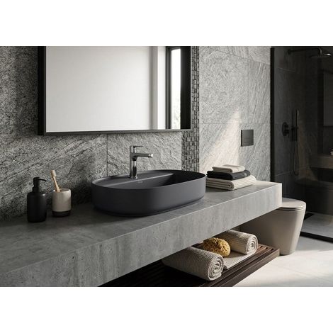 Lavabo ovale da appoggio senza troppo pieno in ceramica con foro rubinetto - Antracite Opaco