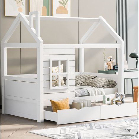 Lit cabane enfant 80/160 cm blanc en bois de pin avec fenêtres, 2 tiroirs et sommier (1/5)