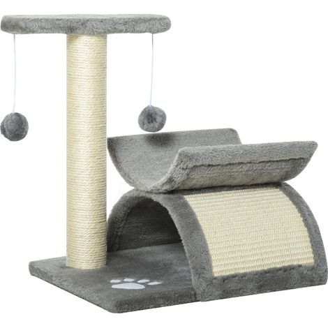 Arbre à chat 43 cm. Petit arbre à chat avec tunnel, surface de couchage en forme de U, poteau à griffer avec griffoir, balle jouet, mobilier pour petits chats, gris clair. (1/4)