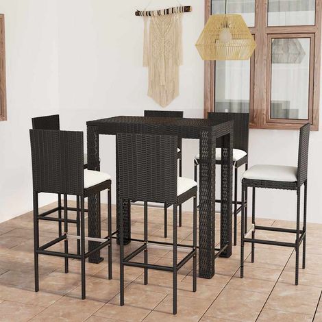 Ensemble Table de bar + 6 Chaises de bar de jardin - Table Haute avec 6 Tabourets et coussins Résine tressée Noir BV406561 - BonneVie (1/5)