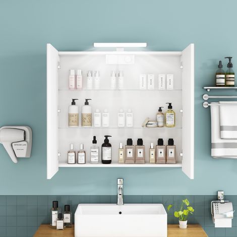 Armario espejo de baño suspendido 80 cm blanco, 2 puertas, LED y enchufe francés (1/5)