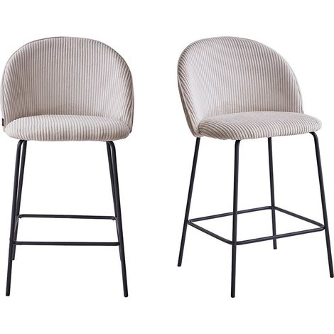 Homifab – Lot de 2 tabourets de bar en velours côtelé beige – Hauteur d'assise 67 cm – Piètement métal noir – Repose-pieds intégré (1/5)