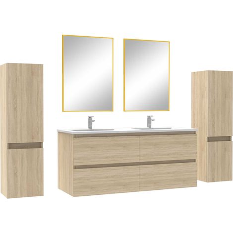 Ensemble meubles Salle de Bain avec colonne + miroir mural 120cm meuble Chêne Wotan