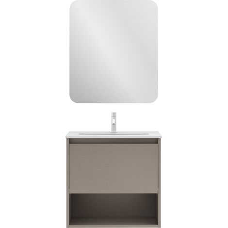 Meuble salle de bain suspendu NIWA fumé sablé 60 cm Gris Miroir inclus (1/5)