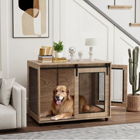 Cage pour chien d'intérieur 98 x 60 x 78 cm, porte coulissante, marron clair DESVIAE (1/5)