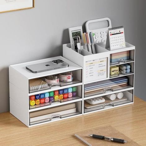Organiseur Bureau avec tiroir - Boîte de rangement - ABS écologique - Blanc - Plastique - Résine (1/4)