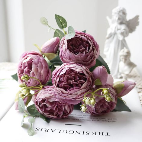 Bouquet De Pivoines Artificielles - Fleur Soie Réaliste Pour Centre De Table Mariage Décoration Intérieure Bureau Boutique - 5 Têtes (1/5)