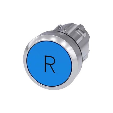 Pulsante, 22 mm, Rotondo, in metallo, lucido, blu, scritta: R, pulsante, tipo contatto momentaneo piatto