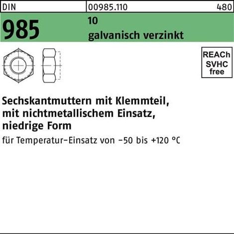 Ecrou hexagonal DIN 985 Pièce de serrage M22 10 galv. 25 pièces