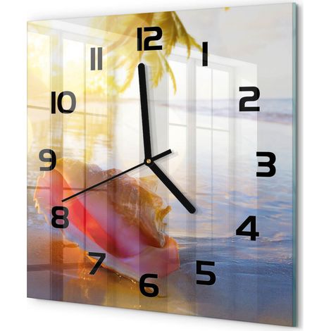 Horloge Murale Carrée Décoration Murale Verre Trempé Design Artistique Coquillage sur la plage 30x30 cm (1/5)