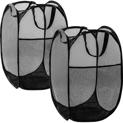 Panier à linge pliable en filet pratique avec poches latérales - respirant, pliable et peu encombrant (Noir Lot de 2) (1/5)