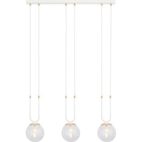 Sospensione 3 Luci Glam In Acciaio Bianco Oro E Sfera In Vetro Trasparente (1/5)