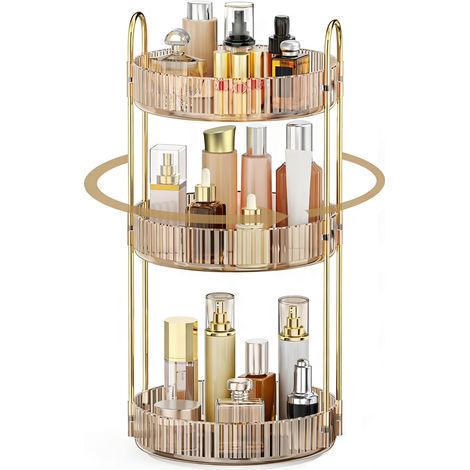 Organisateur de maquillage rotatif à 3 niveaux (360°), support en acrylique transparent, finition dorée, pour comptoir de salle de bain
