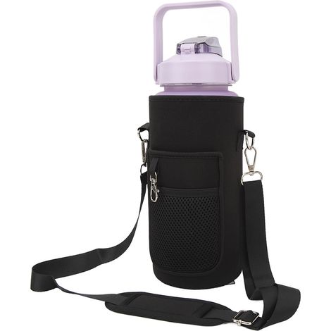 2000-ml-Sportwasserflasche, extra große, tragbare Wasserflasche für Fitnessstudio und Outdoor-Aktivitäten, mit Becherdeckel, Griff und Tragegurt, schwarz (1/5)